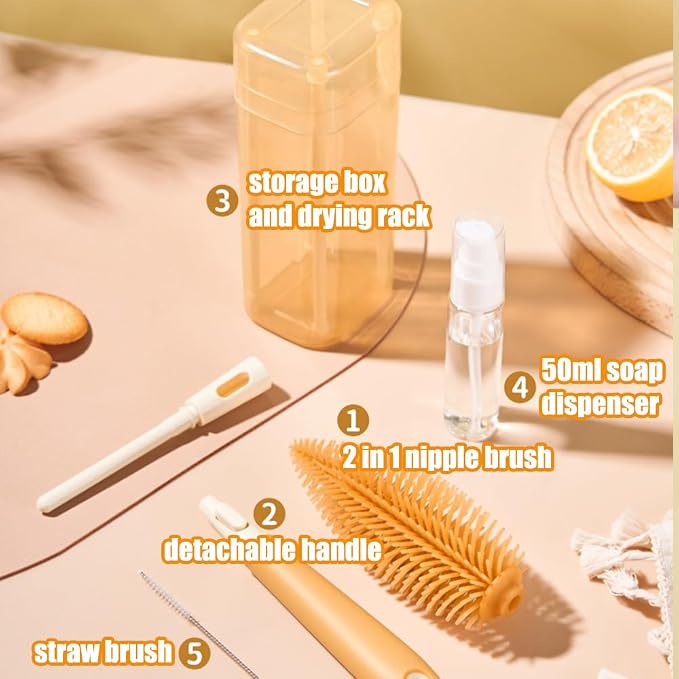 Baby Bottle Brush -YIMIKE Travel Baby Bottle Brush Cleaner Set with Silicone Nipple & Bottle Brush,Straw Brush,Soap Dispenser and Rack - Water Bottles Cleaning Too