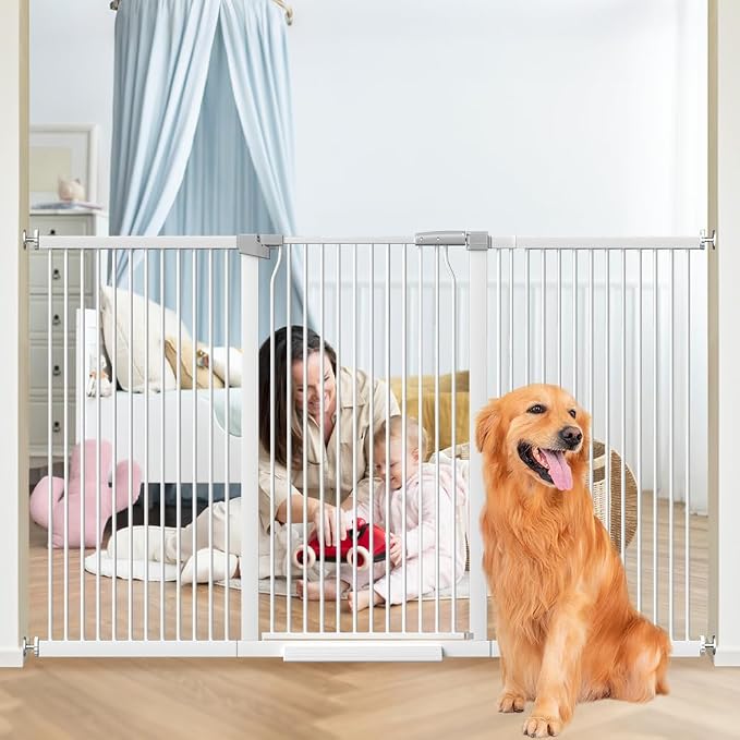 40.55" Tall Wide Baby Gate for Doorways Stairs, 71.2"-76.7" Extra Tall Dog Pet Gates for Large Opening, High Child Kid Safety Door No Drill, Auto Close Cat Proof Hallway Kitchen Indoor House, White