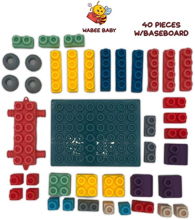 Soft Rubber Building Blocks with Baseboard - Extra Large Toddler Blocks Ages 12mo+ - Chew-Safe Sensory Stacking Toys - STEM Learning Set with Building Guide - Not Compatible with Duplo/Mega