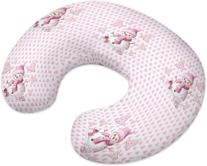 Soft and Comfy Nursing Pillow Cover for Boys and Girls,Christmas Reversible Nursing Pillow Cover: Dual-Sided Comfort for Breastfeeding and Bottle Feeding Pink Snowmen Pattern(Cover Only)