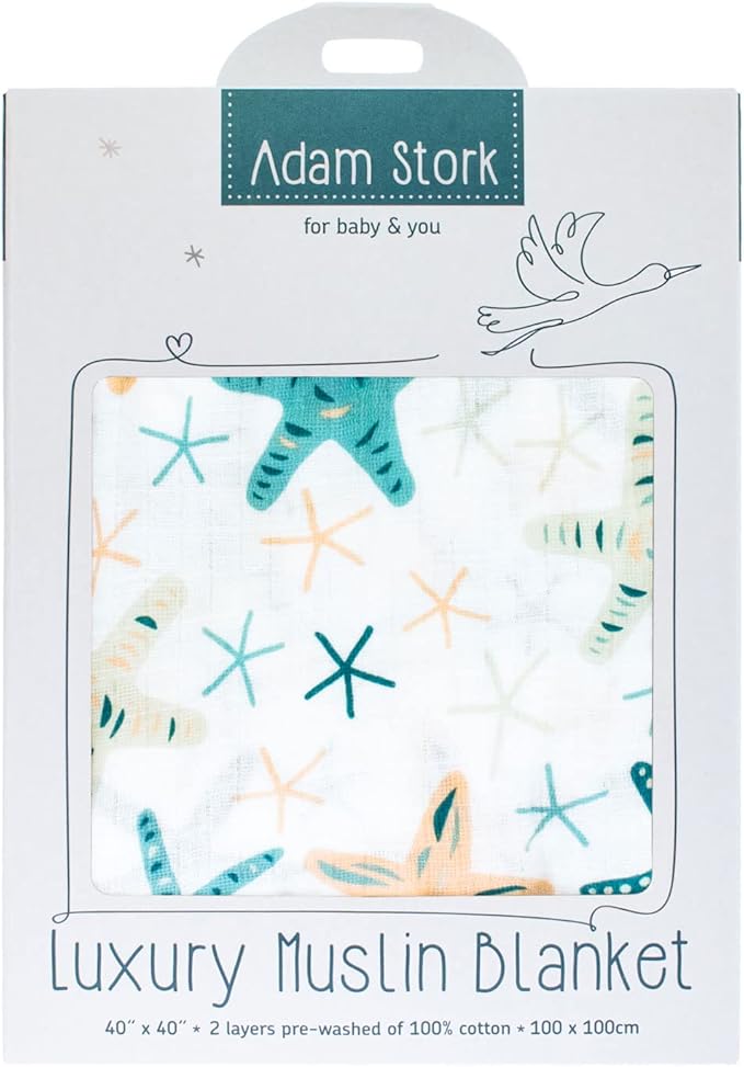 Beach Themed Baby Swaddle Blanket Neutral 100% Cotton Luxury Muslin for Newborns Baby Girls and Boys Blue Beige Starfish