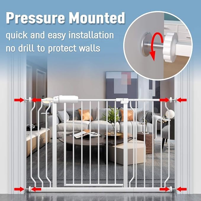 ALLAIBB Extra Wide Pressure Mount Baby Gate Auto Close White Metal Child Dog Pet Safety Gates with Walk Through for Stairs,Doorways,Kitchen and Living Room (71.65-85.03"/182-218cm)