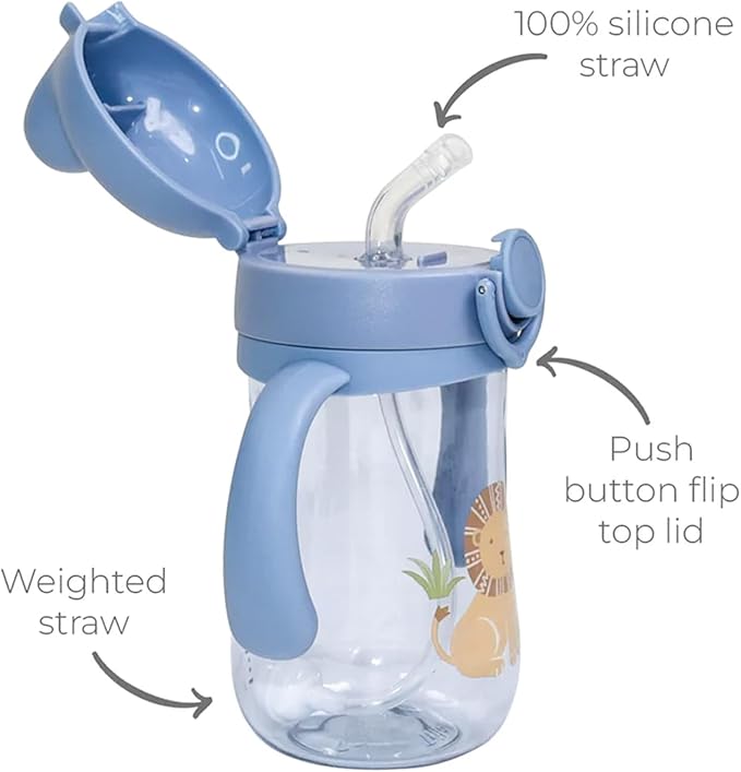Little Rawr Baby's First Sippy Cup with Weighted Silicone Straw, Leak Proof, Spill Proof, Easy Grip Straw Cup for for Babies 6m+ to Toddlers, BPA Free, Dishwasher Safe, 11oz/320ml (Blue Lion)