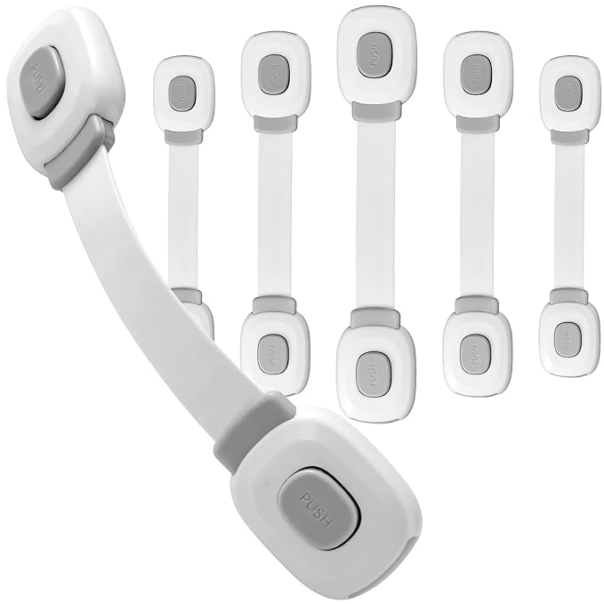 Fursafe&Q Baby Cabinet Locks, Child Safety Cabinet Proofing -Child Safety Strap Locks Adhesive Drawer Fridge Ovens Door Toilet Latches No Drill Multi-Purpose for Furniture Kitchen Lock (Grey, 6Pack)