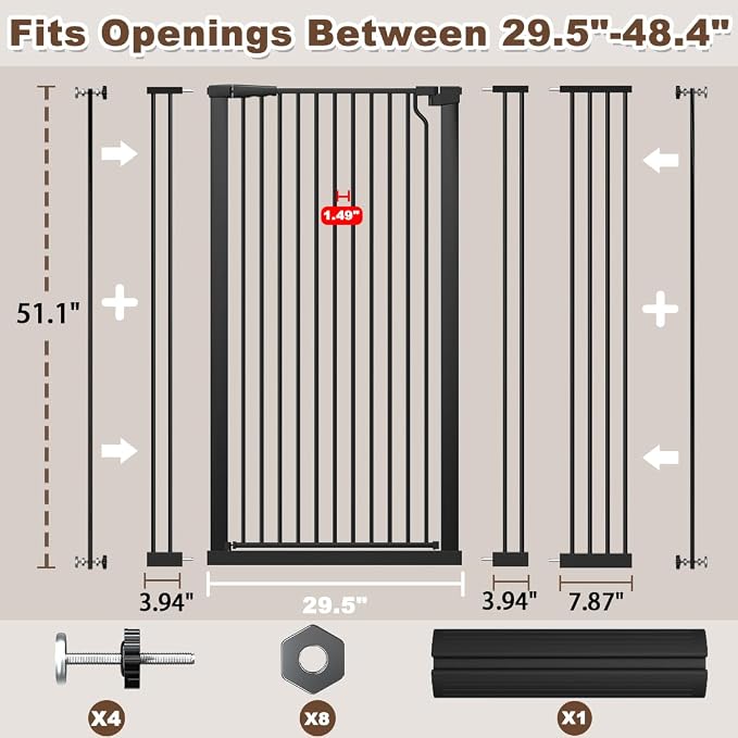 Fairy Baby 51.18" Extra Tall Pet Gate for Cats, 29.5"-48.4" Extra Wide High Cat Dog Gates for Doorways, Tall Baby Safety Gate Pressure Mounted No Drill, Walk Thru Auto Close Metal Doggy Gate, Black