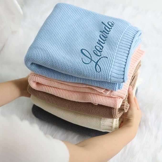 Embroidered Baby Blanket, Custom Name Blanket for Toddler, Personalized Knit Blankets for Baby, Stroller Blanket 30x40 cm (Cotton, Pale Pink)