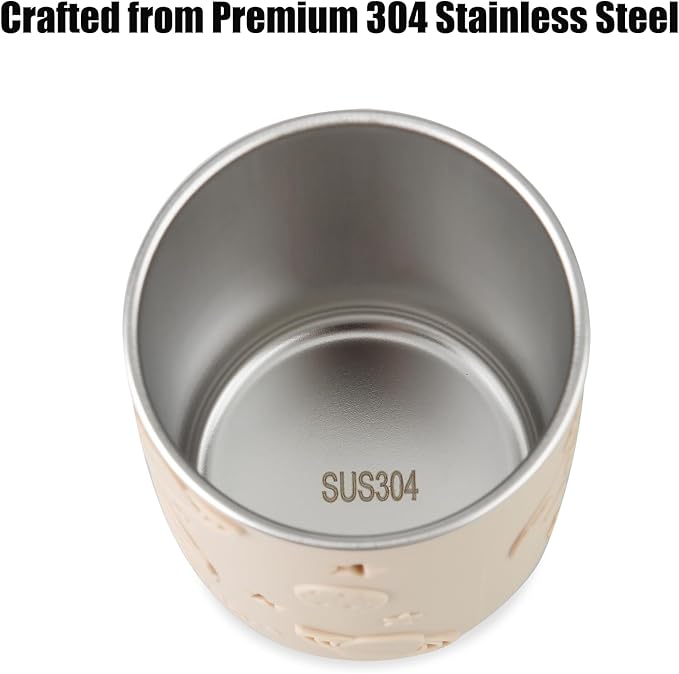 PandaEar 2 Pack Stainless Steel Cups with Lids & Silicone Sleeves | 8.8 oz Spill Proof Sippy Cups with Straw Stopper & Teething-Friendly Straws for Kids Children Ages 3+ (Beige & Khaki)