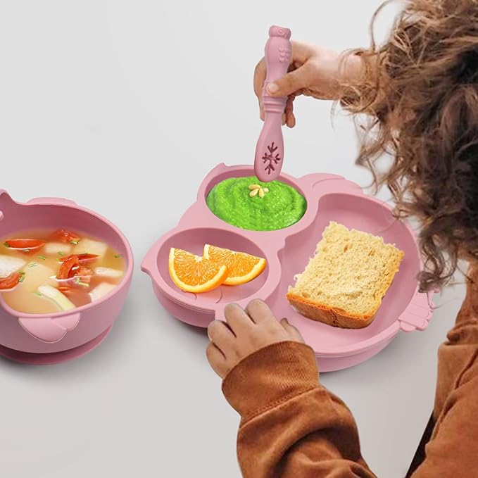 Owl Shape Silicone Baby Feeding Set, Toddler Suction Plates and Bowls Set with Spoons, Kids Silicone Dinnerware Set Eating Utensils, Pink