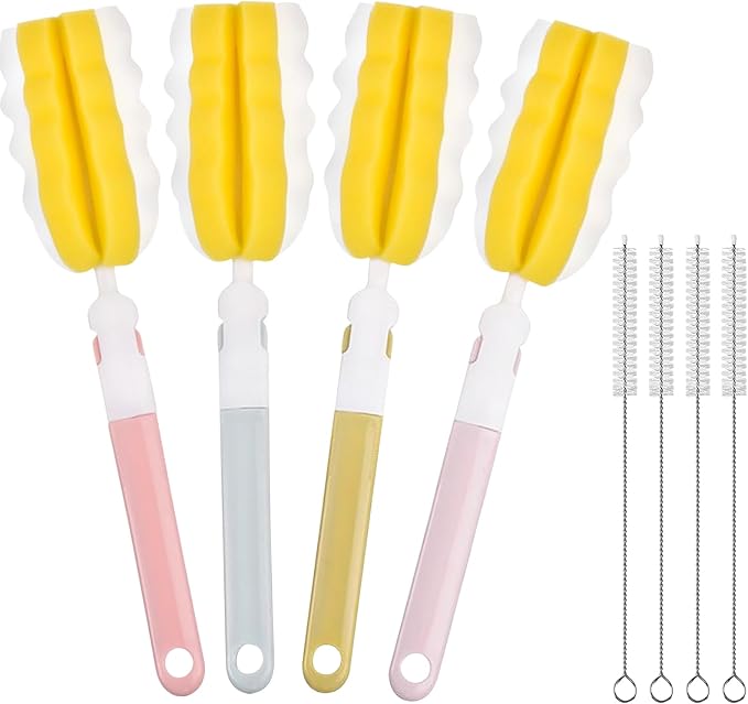 INVODA Bottle Brush 4Pack Long Handle Cup Cleaner Brush Whit Straw Brushes 4Pack Sponge Bottle Scrubber Detachable Handle Cup Cleaning Brush for Baby Bottle Clean Mugs (4 PCS+Straw Brushes 4PCS)