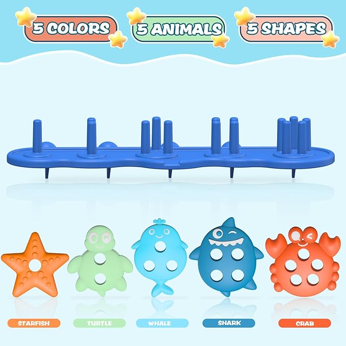 Silicone Baby Bath Toys ??Stackable, Shape-Sorting Floating Set with 10 Mold-Free Textured Pieces, No-Hole Design ??Early Learning Bathtub Toys for Toddlers and Kids
