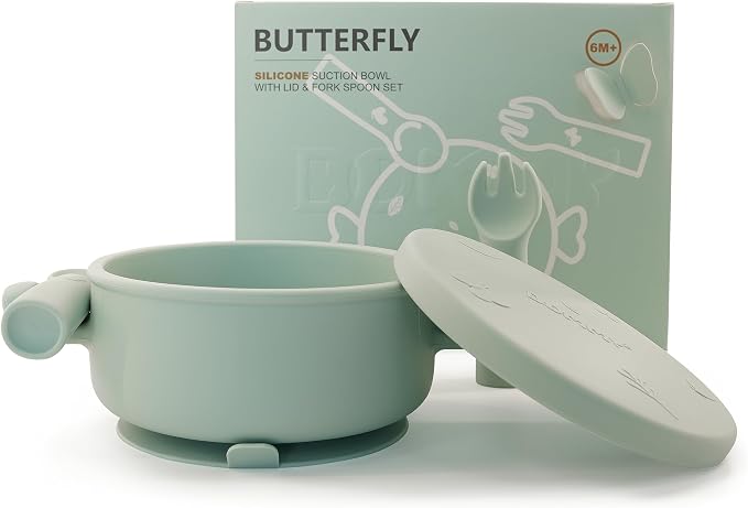 Dommy Silicone Strong Suction Baby Bowl with Spoon & Fork, Silicone Tableware for 6M+ Babies, Suction Bowl with Lid, Ideal Baby Gift Set for Solid Food Adding,Chalk Blue