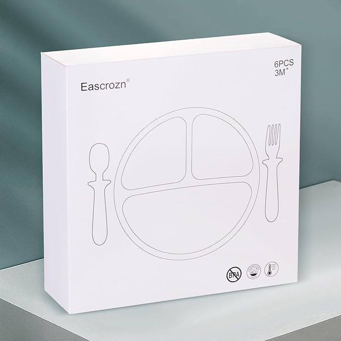 Eascrozn Baby Feeding Set, 2 Pack Silicone Baby Plates with Suction, 2 Pack Spoons and Forks Set for Toddler Utensils, BPA Free, Baby Led Weaning Supplies for Eating Essentials