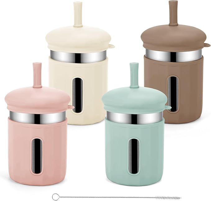 Stainless Steel Kids Cups, 12.51 oz Toddler Tumbler with Straws and Lids, Spill-Proof Baby Smoothie Cups with Silicone Sleeve, Versatile 2-in-1 Drinking Snack Cups for Kids, 4 Colors B