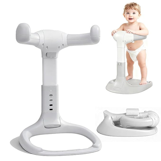 Baby Shower Stand Foldable Toddler Shower Standing Support with Anti-Slip Base Adjustable Infants Bath Support for 8-36 Months Portable Bath Helper (Upgraded-Grey)