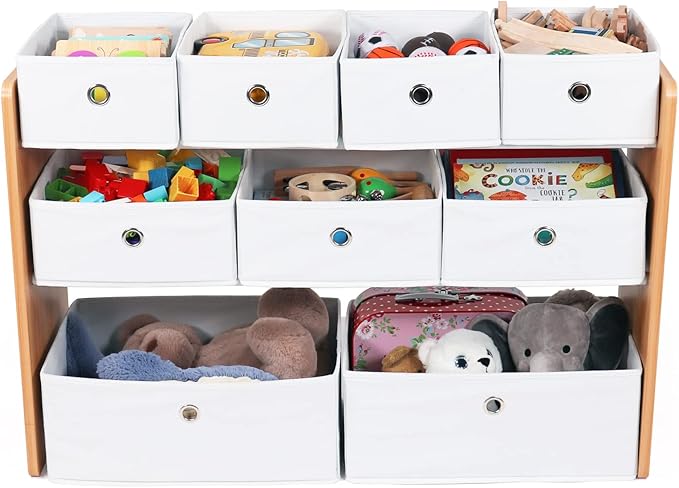 Humble Crew Toy Storage Organizer with 9 Removable Fabric Bins, Natural/White ??Premium Playroom Toy Organizer for Toddlers Ideal for Kids' Rooms, Playrooms, and Nurseries - Modern Toy Bins for Kids