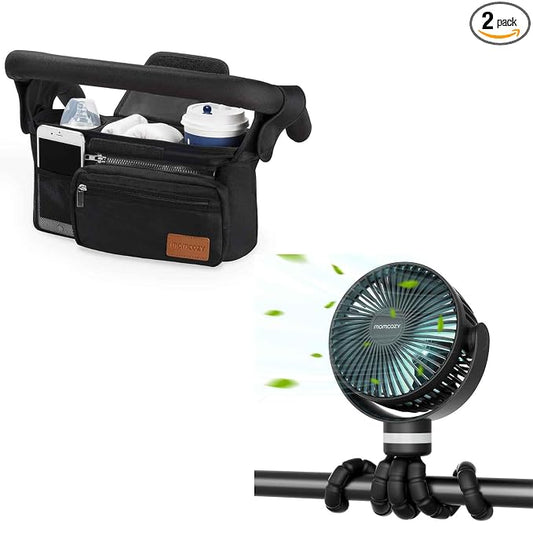Momcozy Universal Stroller Organizer with Insulated Cup Holder Portable Stroller Fan, 27H Ultra-long Battery Life, Detachable 4 Speed 360°Rotate, LED Night Light with 2 Modes