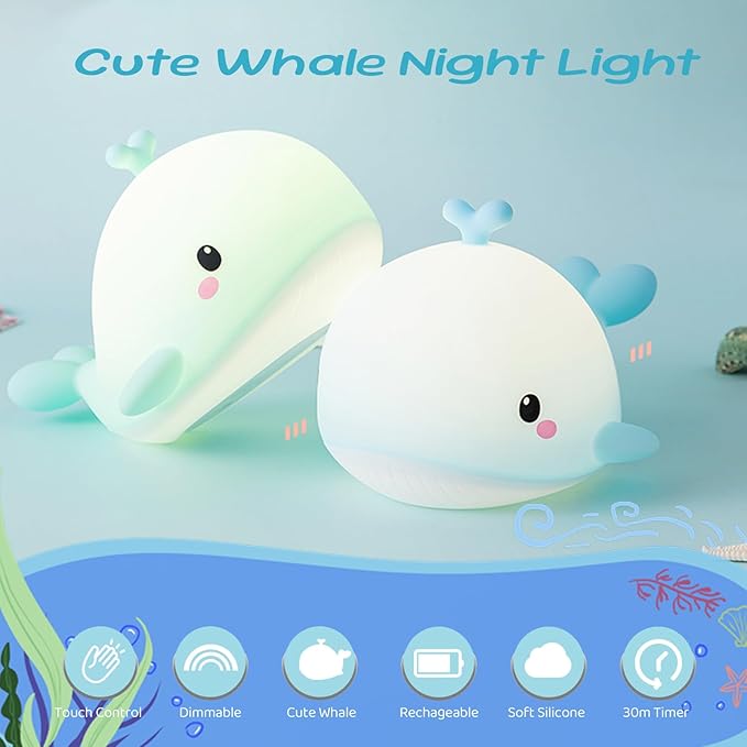 AVEKI Baby Whale Night Light, Soft Silicone Ocean Animal Light for Nursery, 3 Levels Brightness Portable Touch Bedside Lamp, Rechargeable Kid Nightlight Whale Gifts for Ocean Buddies