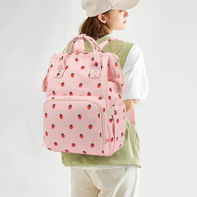 Corduroy Diaper Bag Backpack for Baby Girls Boys, Women Large Nappy Bags for Mom (Pink Corduroy Strawberry)