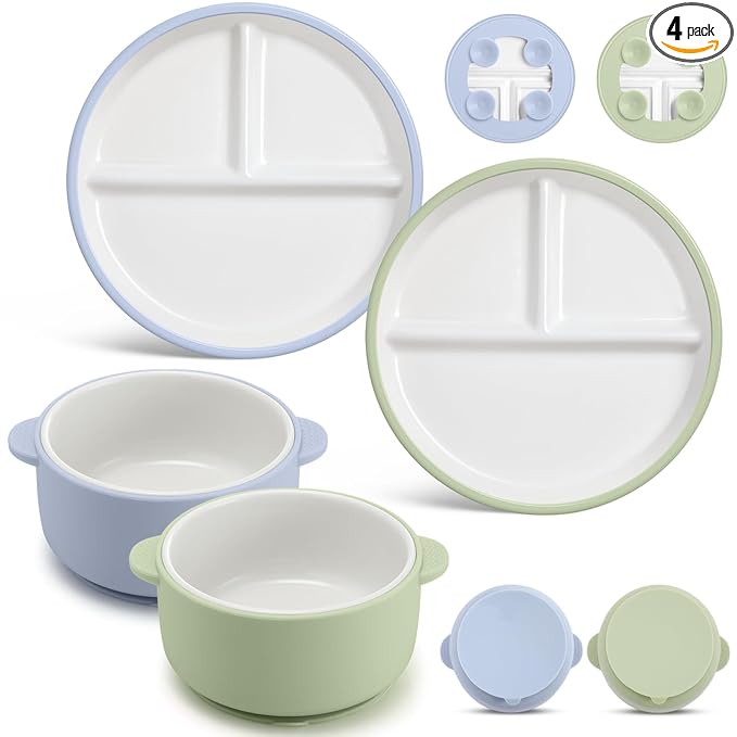 Domensi 4 Pcs Porcelain Kids Plates and Bowls Sets with Suction, 2 Ceramic Toddler Divided Plates 2 Baby Anti Slip Silicone Sleeve Bowls for Feeding Supplies Microwave Dishwasher Safe(Blue,Green)