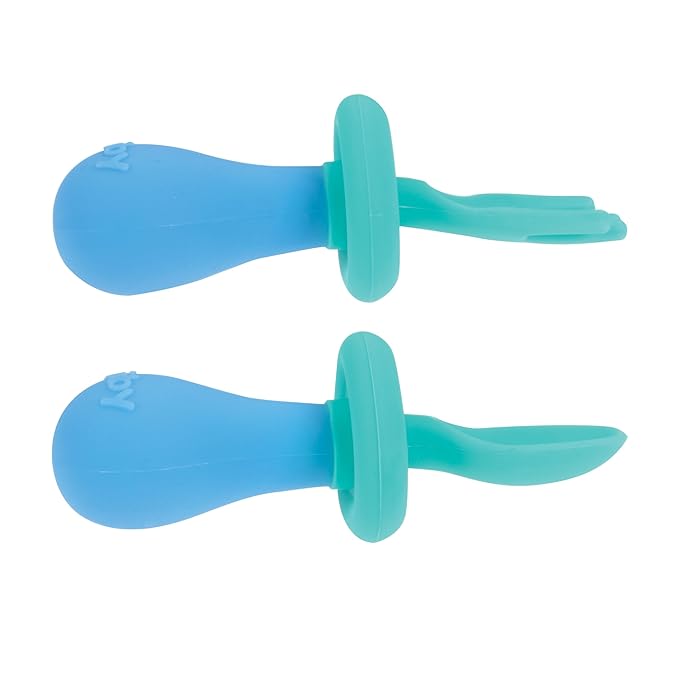Nuby First Fork and Spoon Set - Utensils with Safety Guards for Babies 6+ Months - Green and Blue