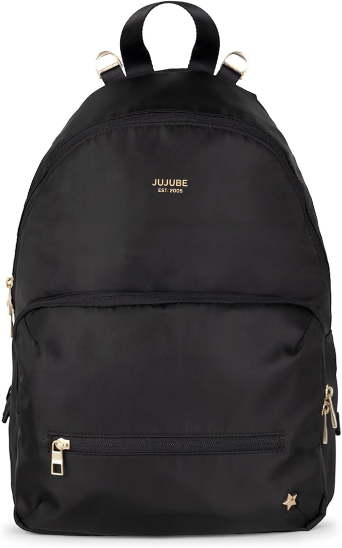 JuJuBe Diaper Bag Backpack with Changing Pad, 11-Pocket Large Capacity Organizer, 2 Interior Insulated Bottle Pockets, Wipe Pocket, Stroller Straps, Trolley Sleeve, Machine Washable (Black)