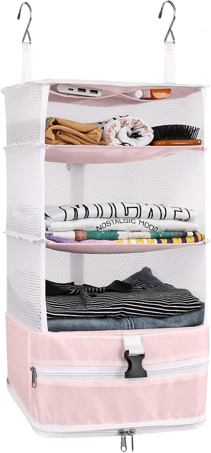 Surblue Hanging Closet Storage Bag Collapsible 3-Shelf Washable Oxford Fabric with 2 Hooks (L 11.41 * 11.41 * 19.68in, Pink)