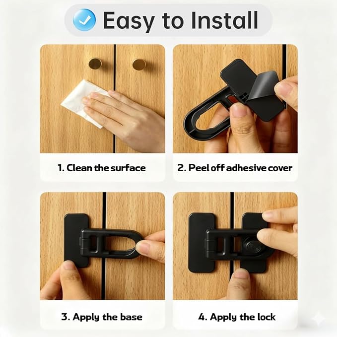 4 Pack Child Proof Cabinet Locks,Baby Proofing Locks for Cabinets, Oven, Freezer & More,Easy to Install, No Drill, Secure Adhesive (Black)