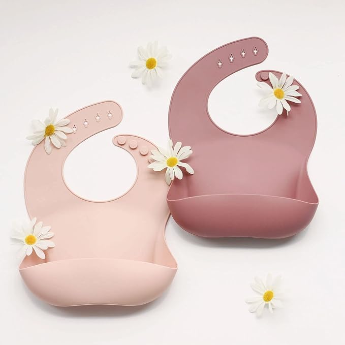 Ginbear Silicone Bibs for Babies Girl, Waterproof Adjustable Silicon Rubber Baby Feeding Bibs with Food Catcher Pocket for Toddlers 6 Months+ (Mauve/Baby Pink)