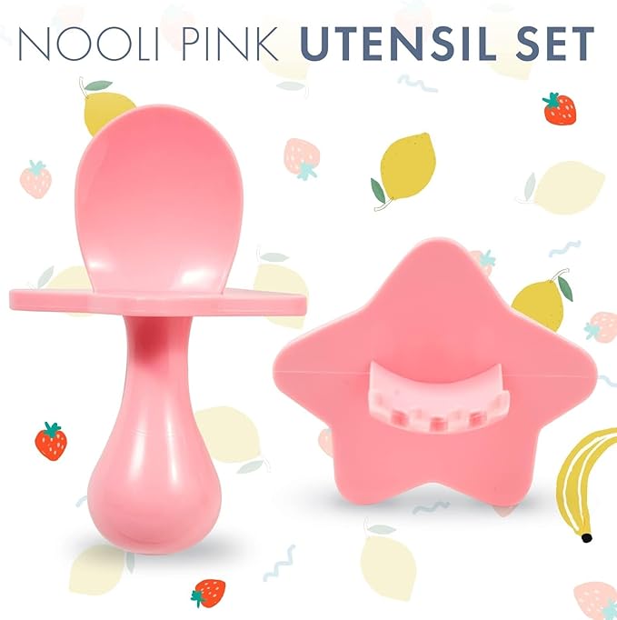 Elli&Nooli Silicone Fork & Spoon Set - 2-Piece Set, Pink - Self-Feeding Training & Toddler Utensils - Ergonomic Star-Shaped Barrier & Baby Feeding Essentials