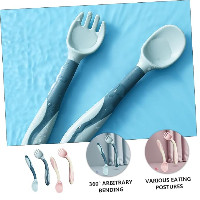 Ciieeo 2 Sets Bendable Silicone Spoon and Fork Food Grade Flexible Feeding Utensils for Safe Soft Tableware Weaning and Dining