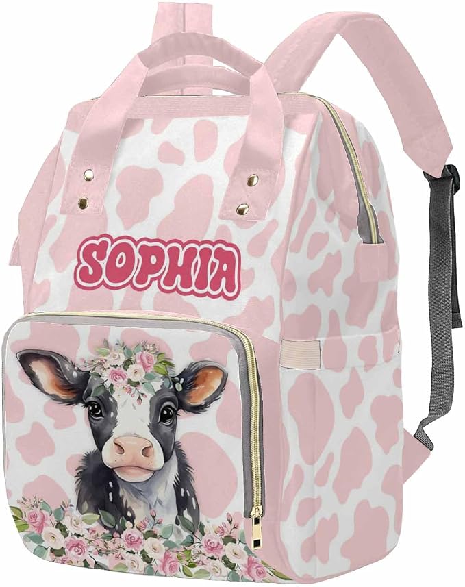 MyPupSocks Customized Name Diaper Bag with Adorable Cow- Tailored Mommy Backpack Comfort for You and Your Little One