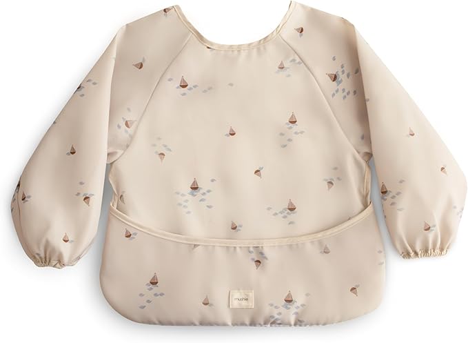mushie Long Sleeve Baby Bib | Water Resistant Adjustable Fit for Ages 6-24 Months