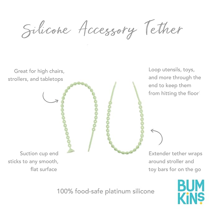Bumkins Pacifier Clip Feeding Supplies for Baby Girl or Boy, Toy Straps for Sippy Cup, Teether, Stroller Accessories, Platinum Silicone Accessory Tether Leash, Safe for Teething Babies, Sage Green