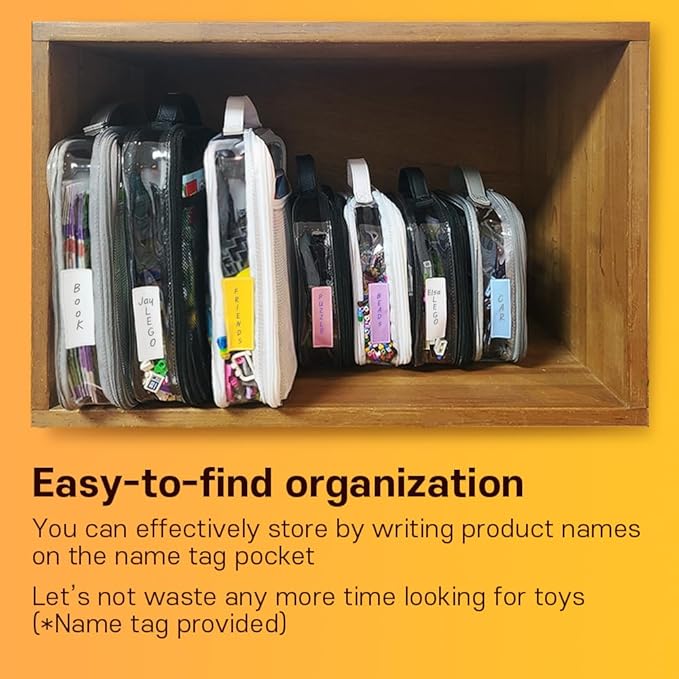 holay 4 Packs PVC Toy Storage Organizer with Zipper, Name Tag & Manual Pocket, Clear Durable Case for Blocks, Clay, Board Games, Travel (Gray, Small)