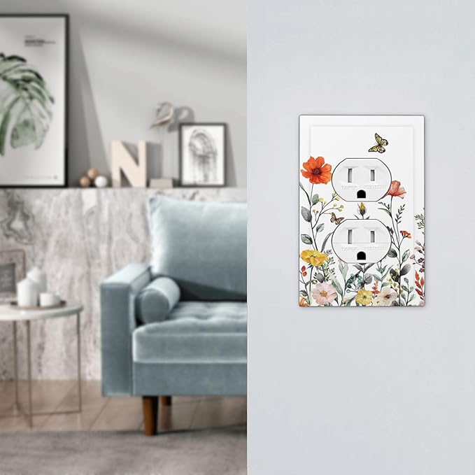 Colorful Vintage Floral Butterfly Flower 1 Gang Duplex Wall Plate Receptacle Outlet Covers Spring Nature Wildflower Blossom Decorative Electrical Dual Device Light Switch Plug Socket Faceplate Cover