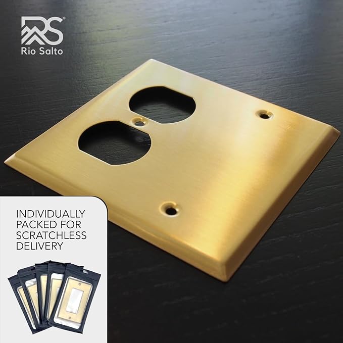 Rio Salto Metal 2-Gang Gold Outlet Cover or Light Switch Cover Wall Plate, Blank Duplex Combination Corrosion Resistant Receptacle Wallplate 2 Gang Double STANDARD SIZE Brass (Blank Duplex Combo)