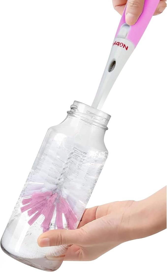Nuby Bottle and Nipple Brush with Soft Bristles and Stand| 2 Pack: Pink & Lime Green| Bottle & Nipple Accessory Cleaning Brush with Drying Stand