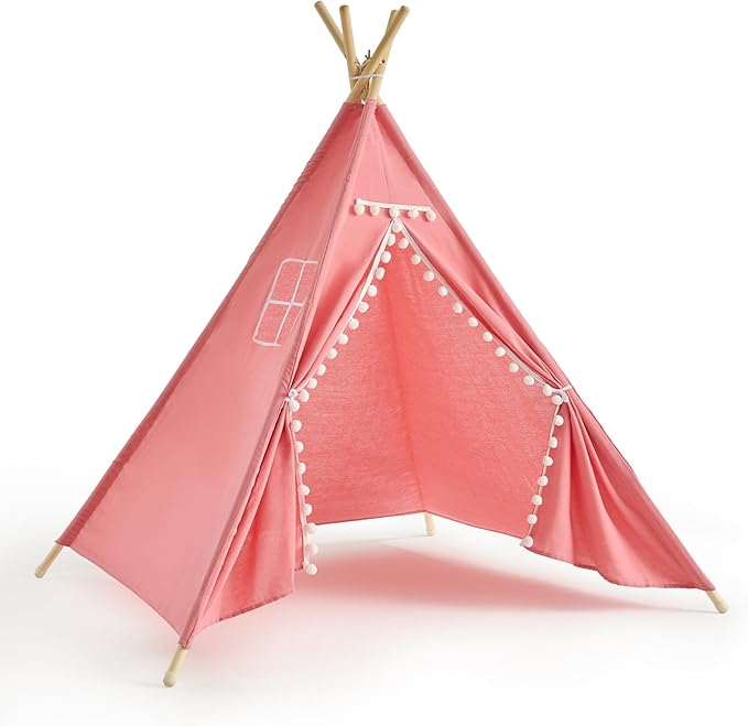 2 Pack Teepee Tent for Kids, Children Play Tents for Girls & Boys Slumber Party, Cotton Canvas Playhouse Sleepover Tent with Pompom & Lights