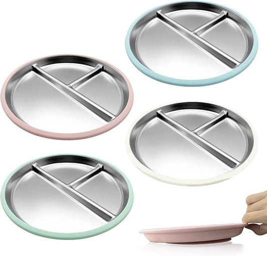 4-Pack Stainless Steel Baby Suction Plates, 9-Inch Toddler Divided Plates with Extra-Large Non-Slip Silicone Suction Base | Baby, Toddler, Kids| Dinner & Snack Plates | Dishwasher Safe