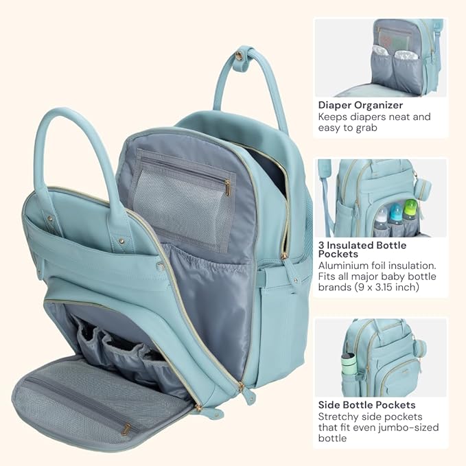 BabbleRoo Leather Diaper Bag Backpack - Baby Essentials Travel Baby Bag, Multi function, Water Resistant, with Changing Pad, Stroller Straps & Pacifier Case ??Unisex, Powder Blue