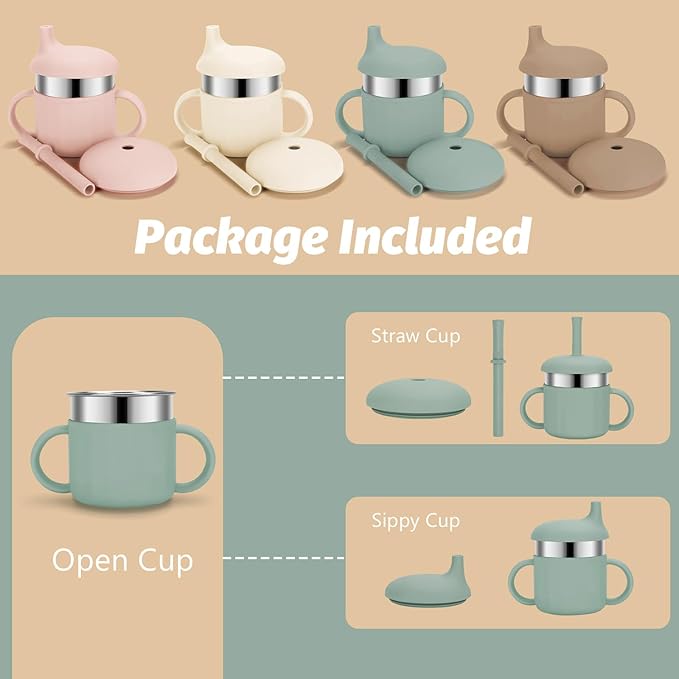 Baby Sippy Cups, 7.4 Oz Stainless Steel Training Cup with Silicone Straws, 3 Stages for Infants Toddlers 6-12 Month and Kids 1-3 Year, 4 Colors