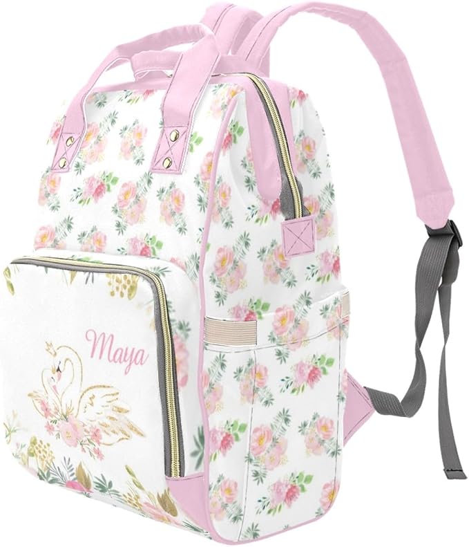 Custom Diaper Bag Personalized Floral Swan Casual Nursing Mommy Daypack with Insulated Pocket Customized Cute Diaper Bag Backpack with Name or Holiday Travel