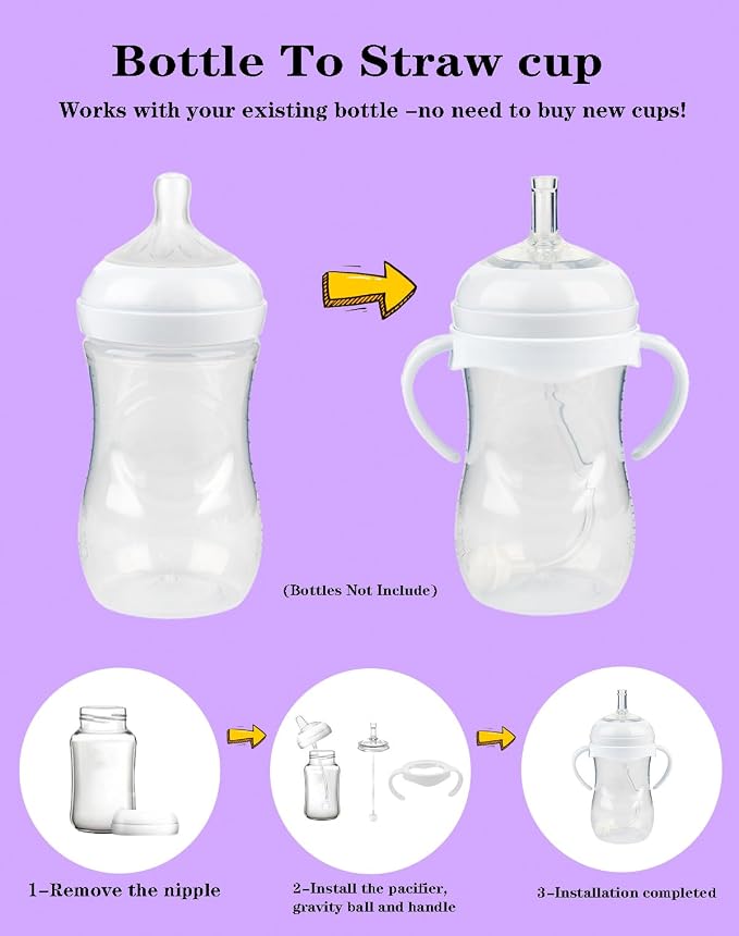 Straw Cup Conversion Kit for Philips Avent Natural Baby Bottles, Weighted Straw Sippy Cup Transition Kit with Soft Nipple, Bottle Handle, 6+ Months, Set of 4