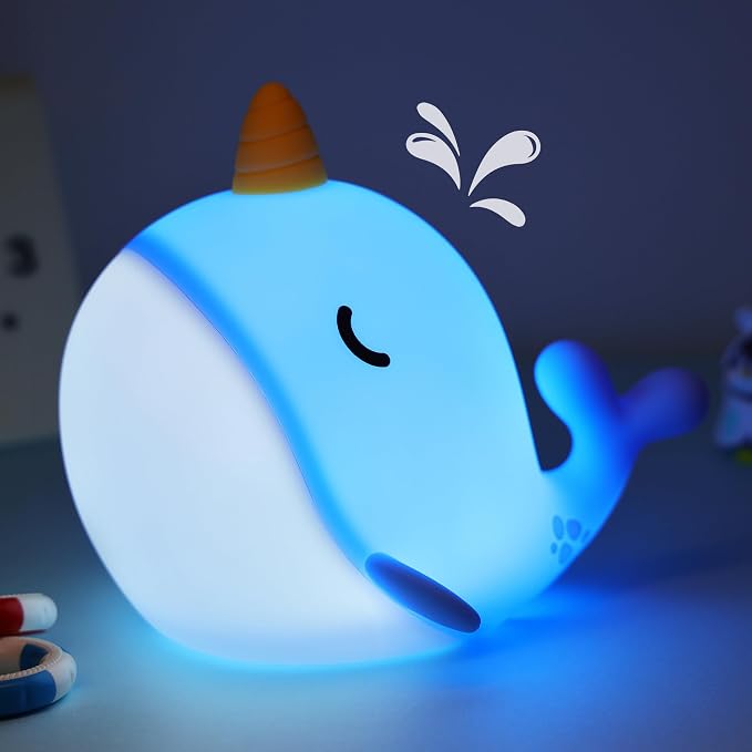Whale Night Light, Narwhal Squishy Night Lamp with 3-Level Dimmable & 30 Mins Auto-Off & Rechargeable, Cute Bedside Animal Whale Decor for Nursery, Baby Kids Room