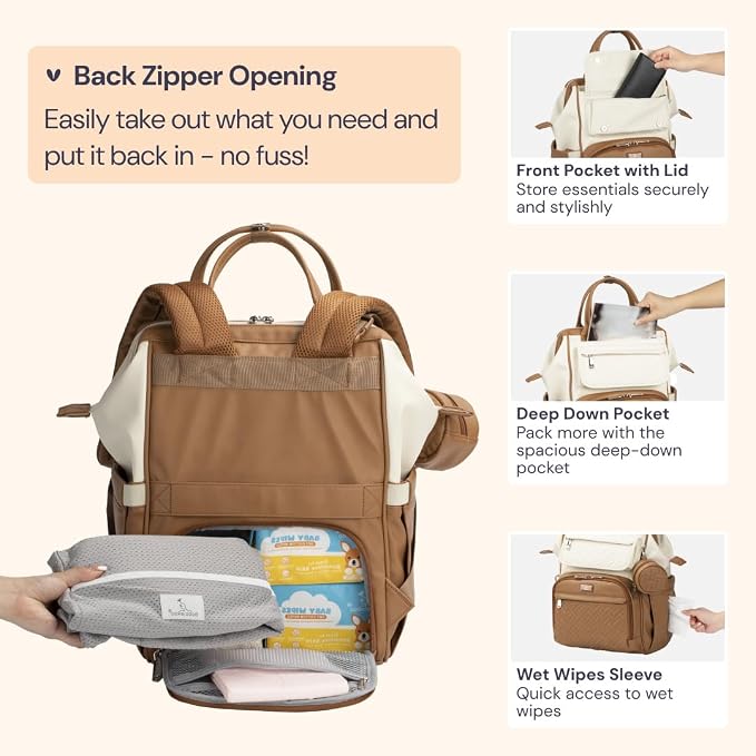 BabbleRoo Leather Diaper Bag Backpack, Multifunction Large Bags with Changing Pad & Stroller Straps & Pacifier Case, Unisex Stylish Travel Back Pack Nappy Changing Bag for Moms Dads (Caramel Cream)