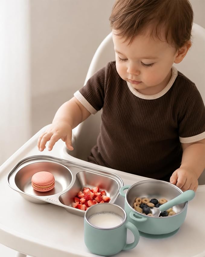 Bakpoco Toddler Plates and Bowls Set Stainless Steel Feeding Set with Suction, Detachable Baby Bowls, Kids Plates, Cup & Utensils, Baby Feeding Essentials for Self Feeding, Dinnerware Set, Sage