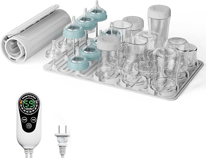 Baby Bottle Drying Rack, Electric Bottles Rack Dryer with Heating & Timer, Fast Dry Silicone Bottle Storage Organizer, Space Saving Kitchen Bottle Rack Dryer for Bottles and Pacifiers