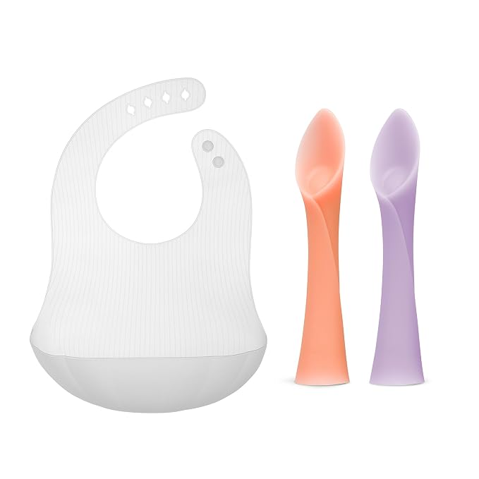 Olababy Training Spoon Set (Coral/Lilac) + Olababy Fold N Go Silicone Baby Bib w Travel Case (Pearl)