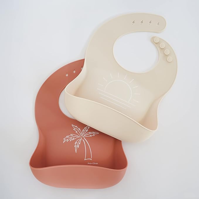 AVA + OLIVER Waterproof Silicone Bib Set with Adjustable Neck Closure - Durable Silicone Bibs for Babies - Set of 2