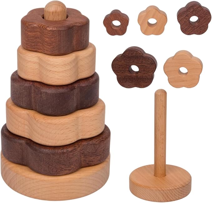 Adena Montessori Ring Log Wood Stacking Toys, Montessori Geometric Stacking Wooden Educational Toy for Babies, 12+ Months Baby Shape Sorter and Stacking Toys, Stacking Tower Toy for Babies (Flower)